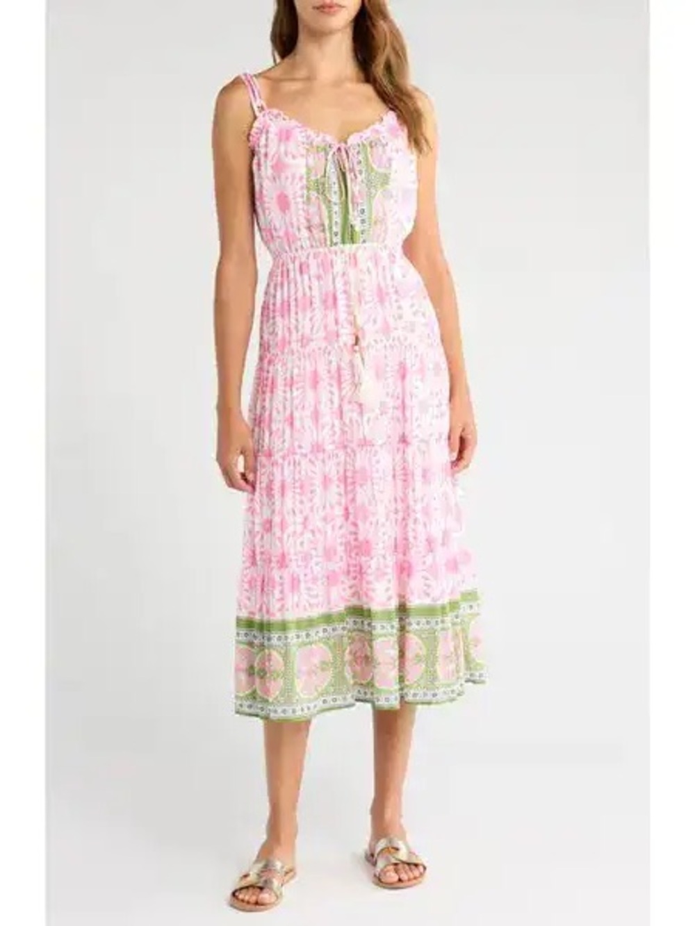 Alicia Bell Pink Floral Tie-Front Midi Dress with Green Border size large